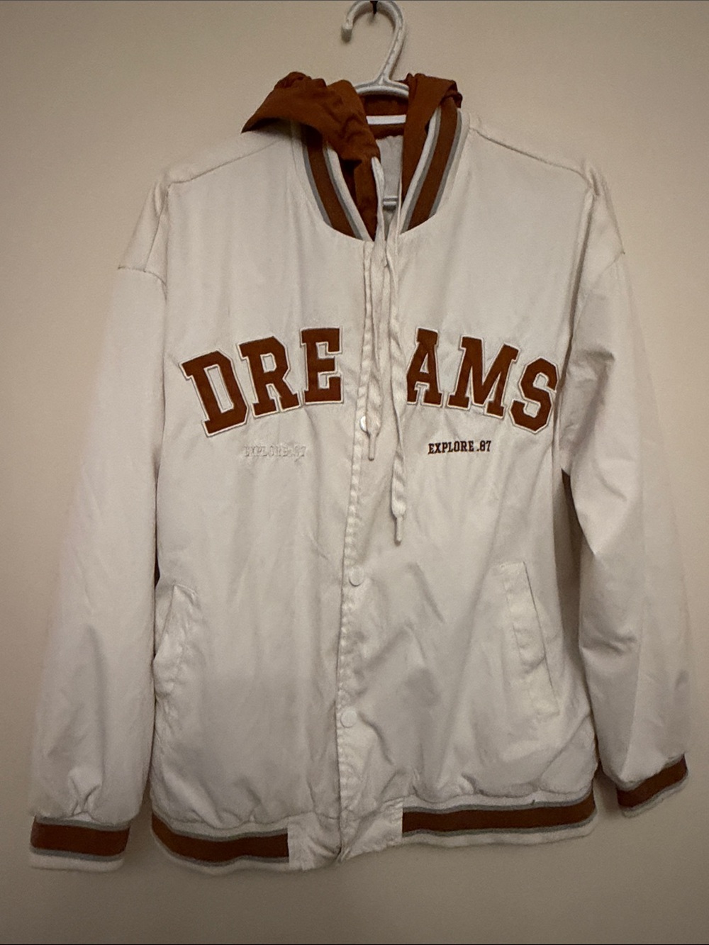 White & Brown 'DREAMS' Hooded Varsity Bomber Jacket